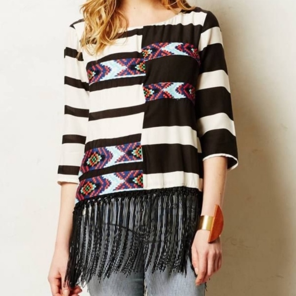 Anthro Floreat Fringed Latitudes Stripe Top Aztec